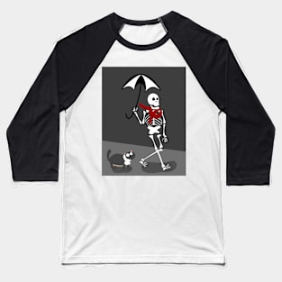 Cute Skeleton In Red Scarf Walking With Black Cat Baseball T-Shirt